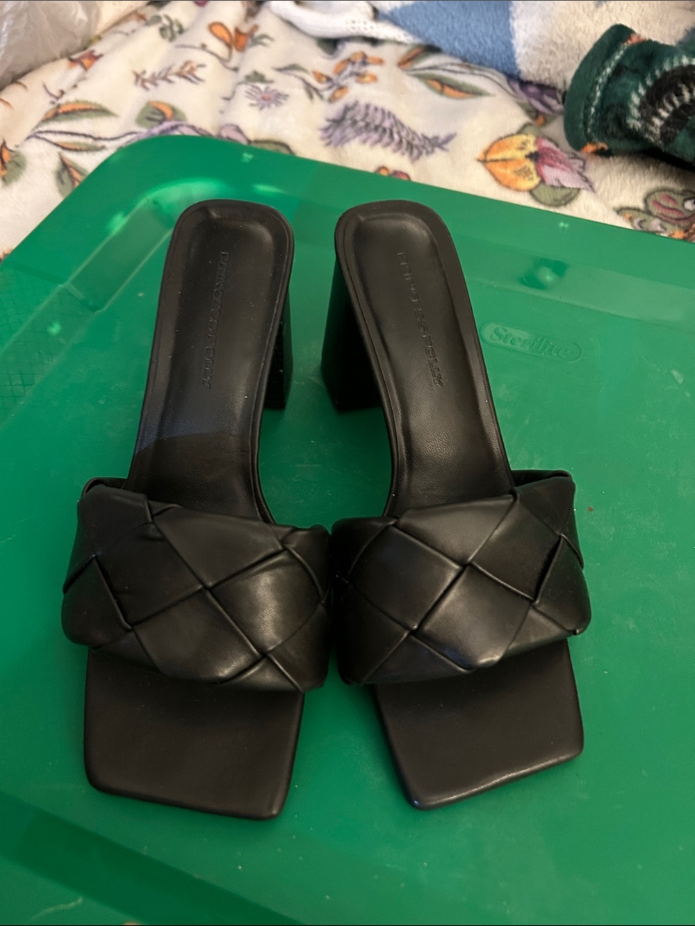 Princess Polly Black Woven Square-Toe Block Heel Mules worn once
